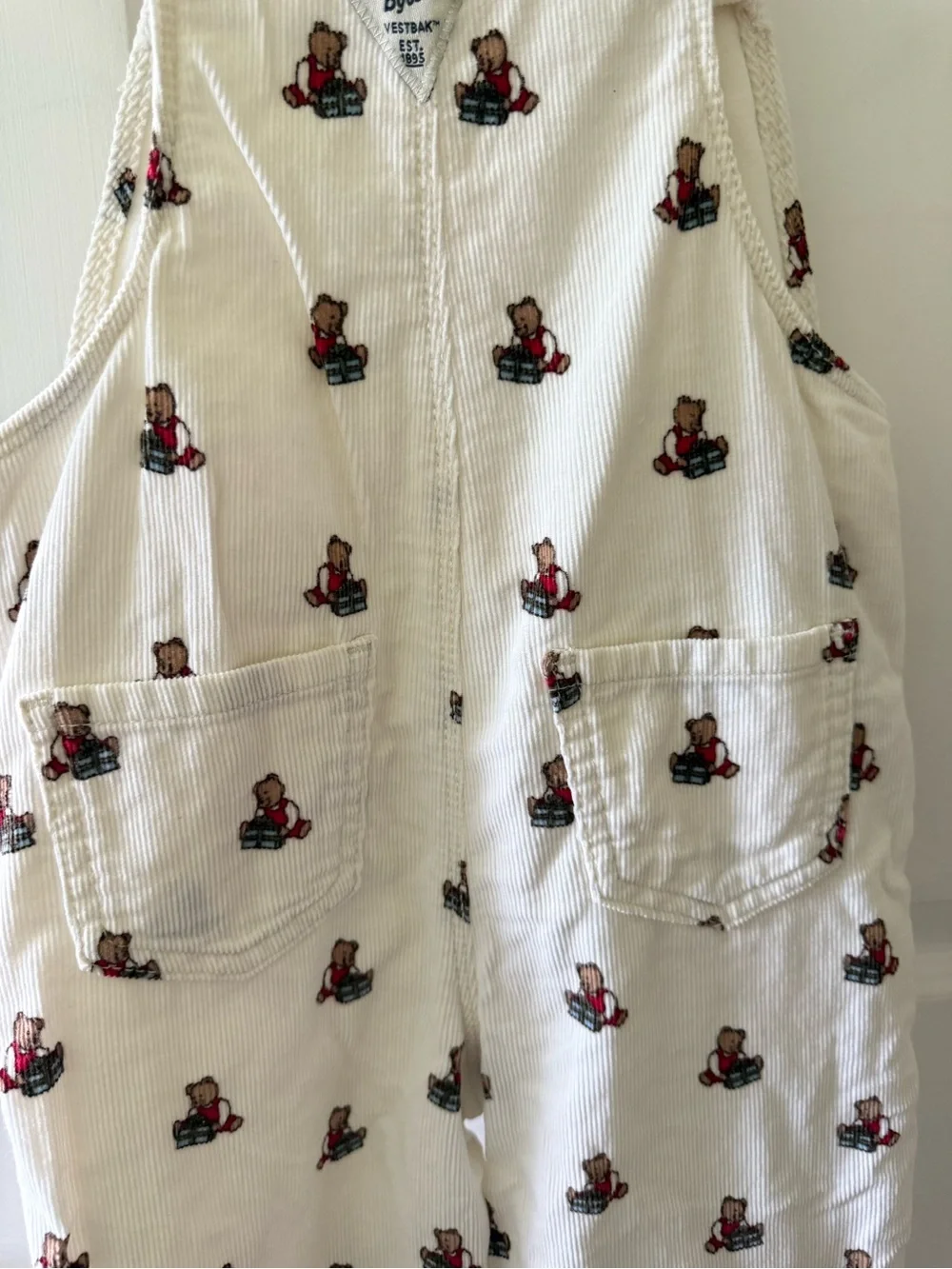 OshKosh B'gosh Cream Overalls with Red Teddy Bear